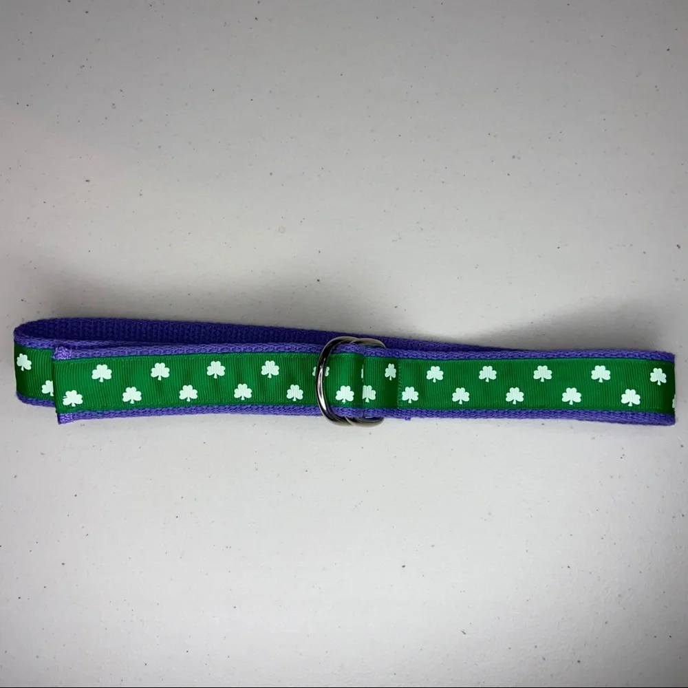 Green with white Shamrocks Youth Nylon ribbon Belt D-Ring